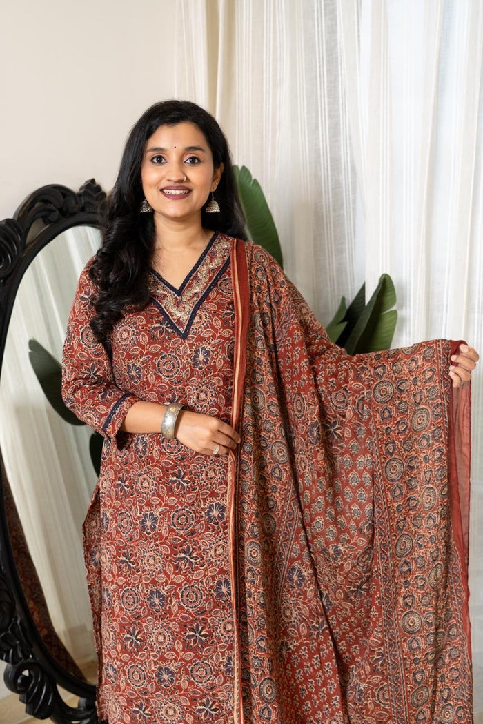 Zeenat Ajrakh Cotton Suit- Maroon