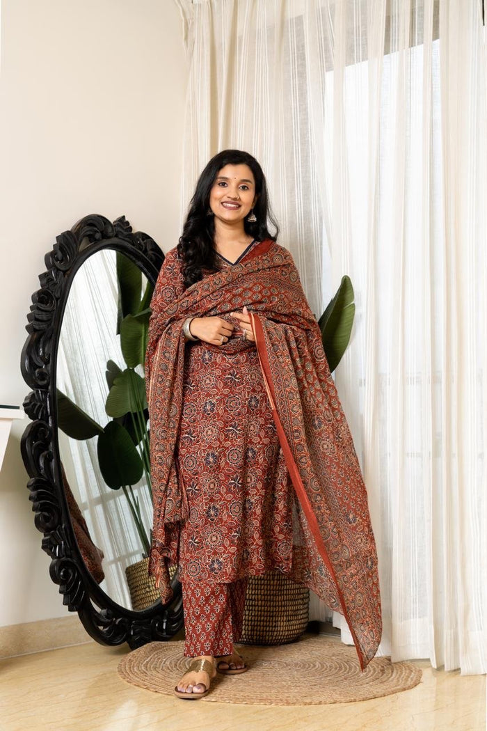 Zeenat Ajrakh Cotton Suit- Maroon