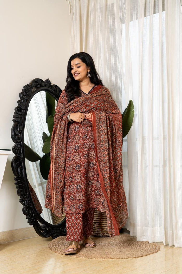 Zeenat Ajrakh Cotton Suit- Maroon