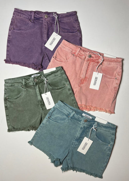Zenana Acid Washed Frayed Hem Mid Rise Shorts
