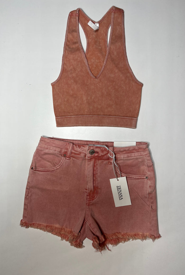 Zenana Acid Washed Frayed Hem Mid Rise Shorts