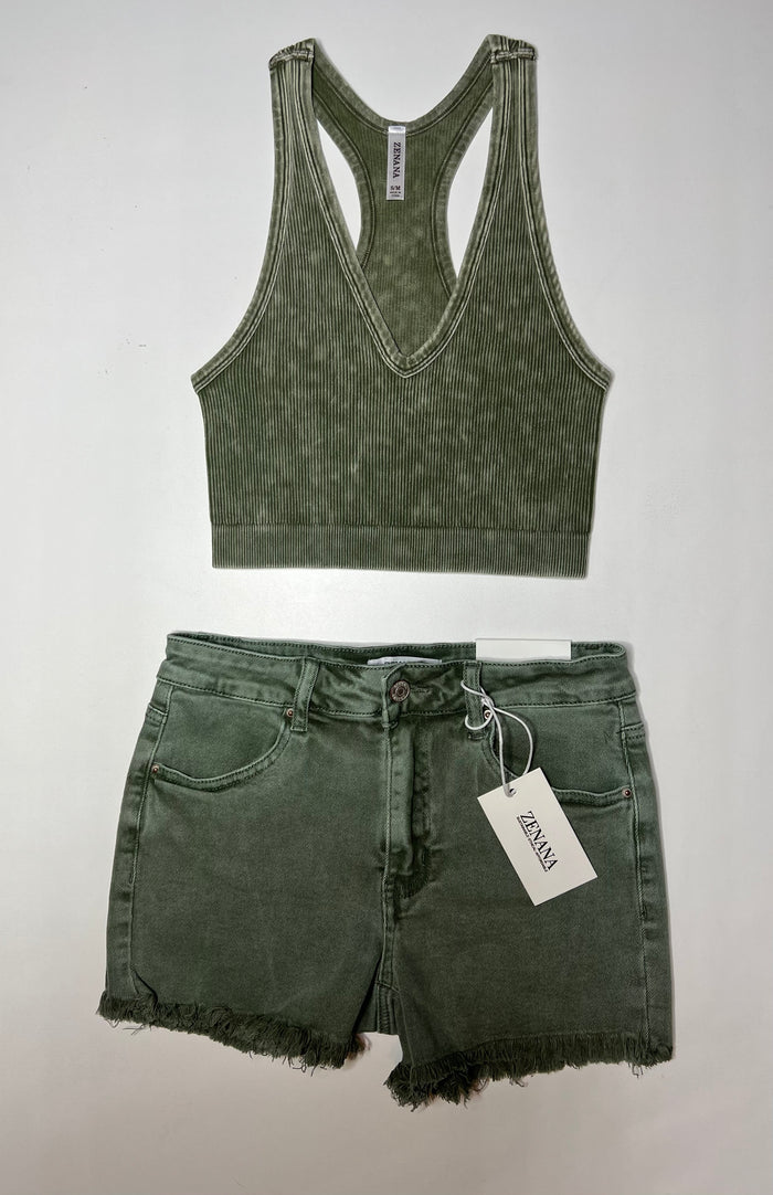 Zenana Acid Washed Frayed Hem Mid Rise Shorts