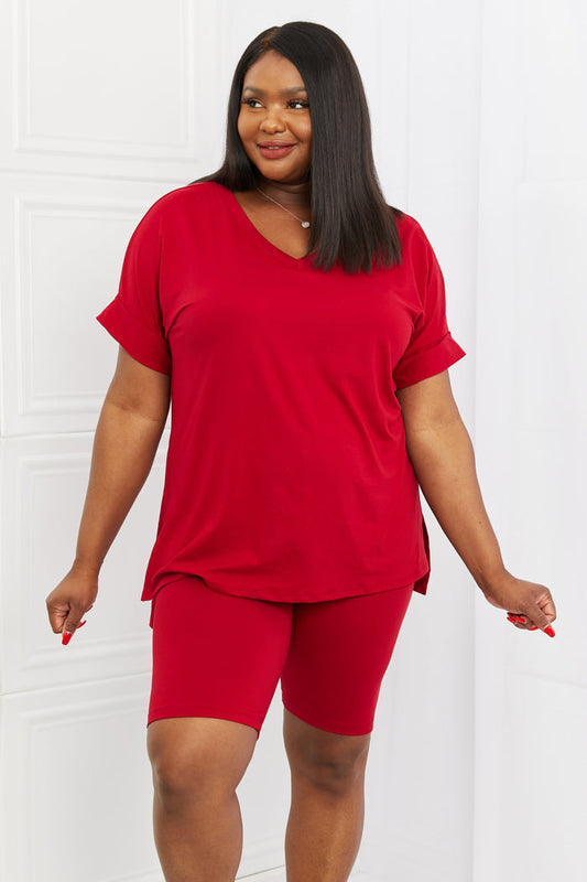 Zenana Buttery soft V-neck Bike Shorts Set in Burgundy