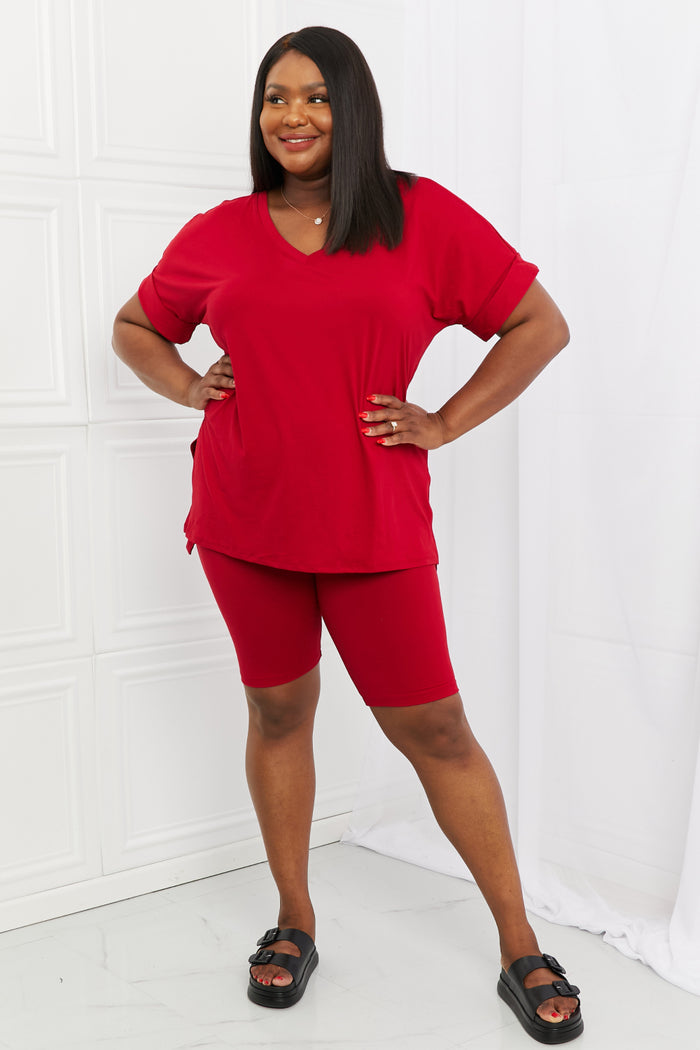 Zenana Buttery soft V-neck Bike Shorts Set in Burgundy