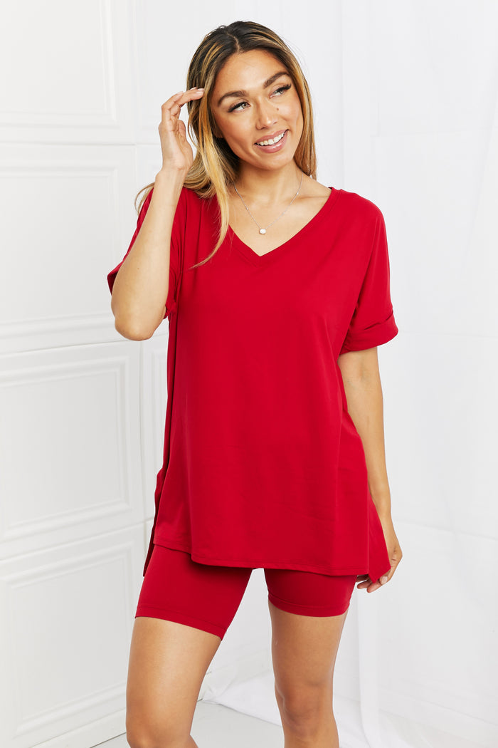 Zenana Buttery soft V-neck Bike Shorts Set in Burgundy