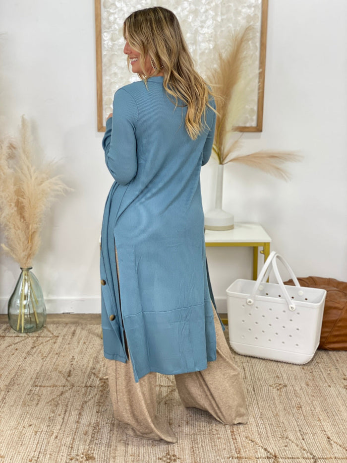 Zenana Button Down Solid Ribbed Long Cardigan Blue Grey