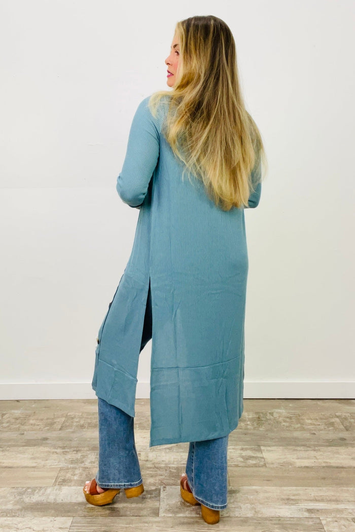 Zenana Button Down Solid Ribbed Long Cardigan Blue Grey