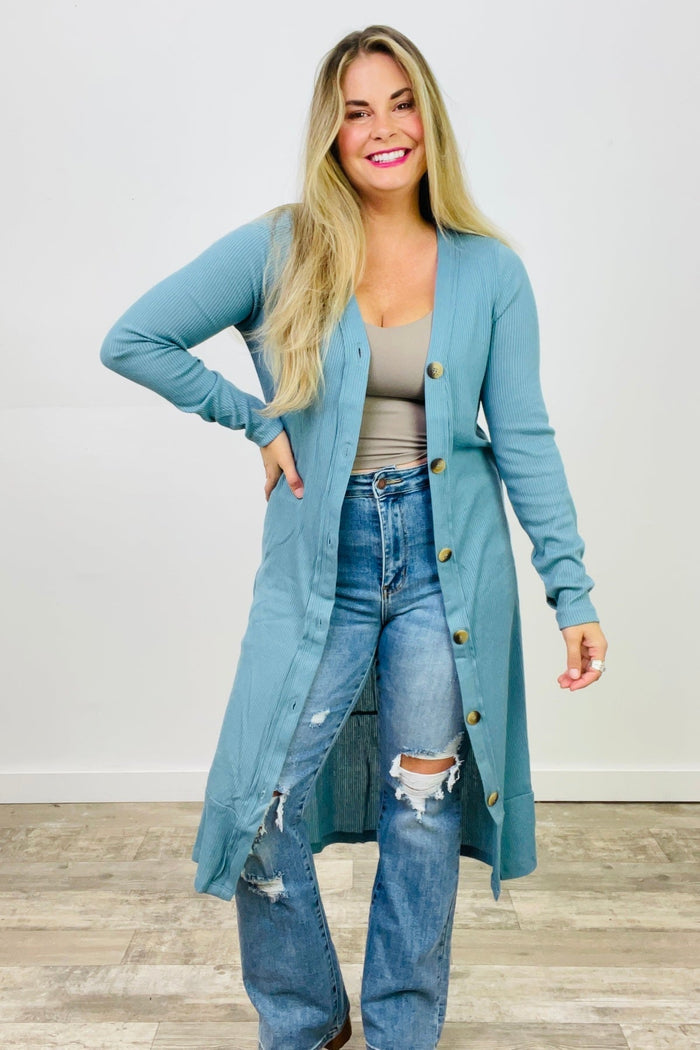 Zenana Button Down Solid Ribbed Long Cardigan Blue Grey